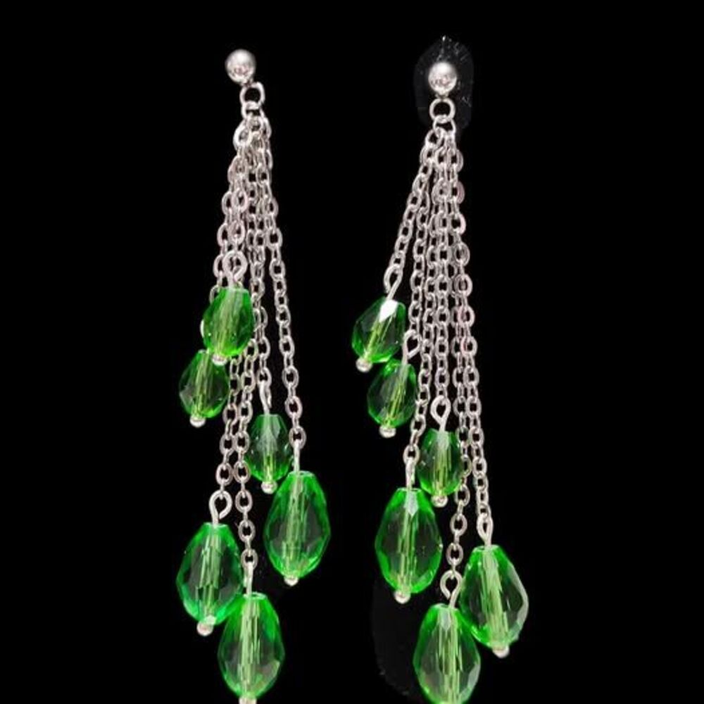 Green Layered Crystal Earrings-Clip-ons-Gold
